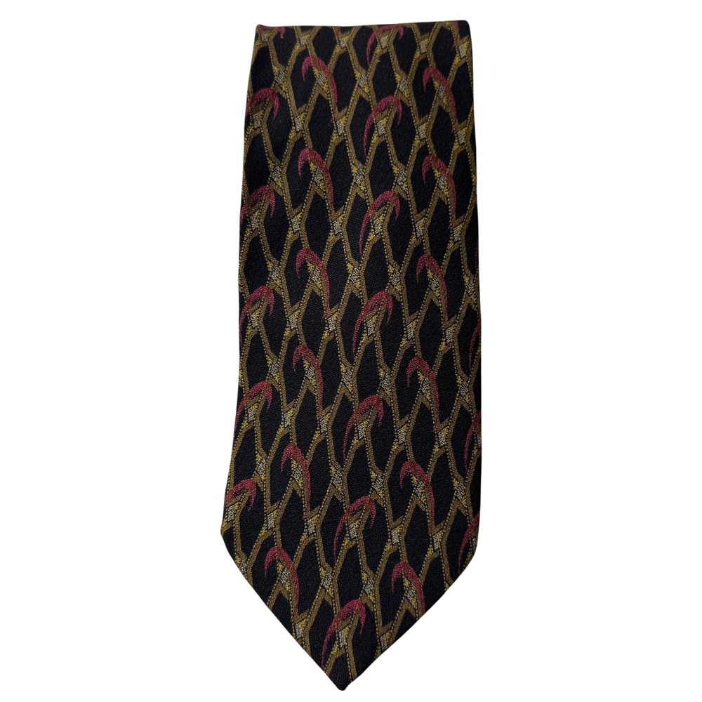Ermenegildo Zegna Mens Silk Tie Black Gold Red Geometric Lattice Made in Italy